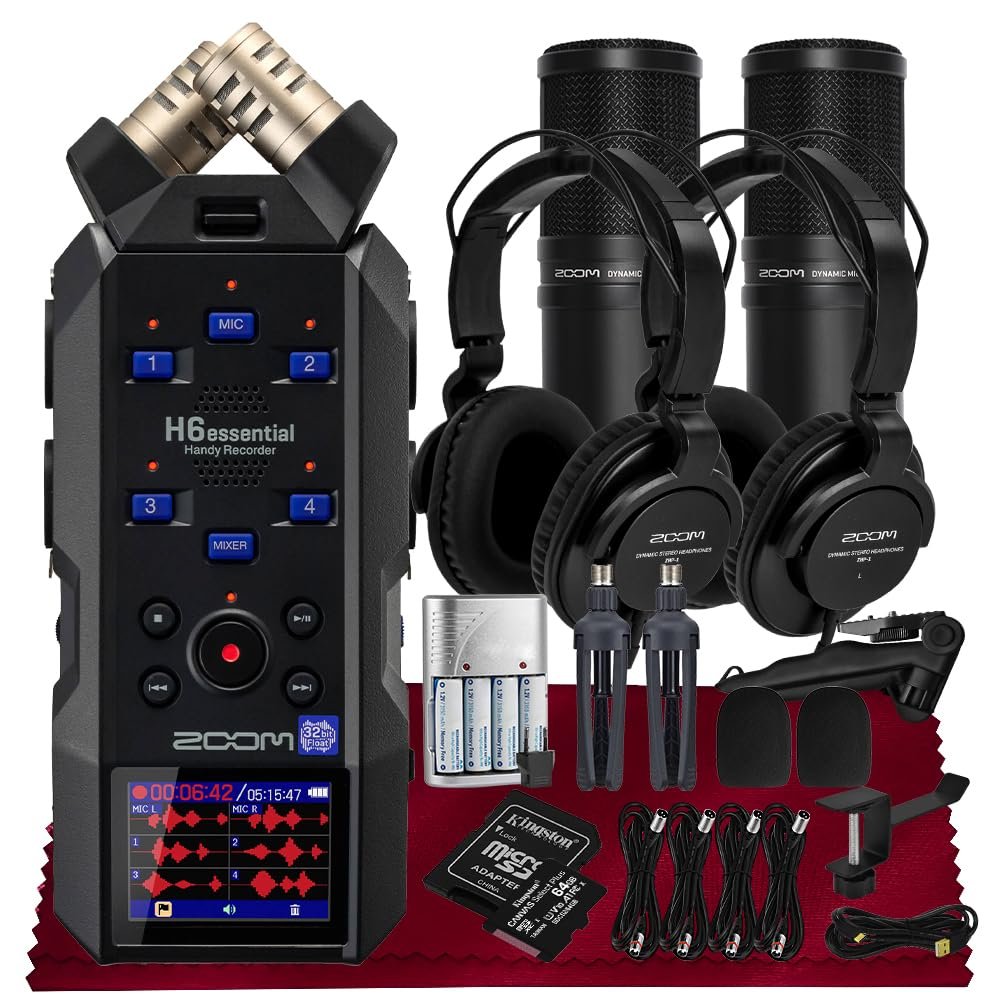 Zoom H6essential Portable Studio Recorder, H6E 32-Bit Float, 6-Track Recorder, 4XLR/TRS - 64GB SD, Tripod, Podcast Mic Pack, Rechargeable Batt, USB Cable & More-Musician Podcaster Filmmaker