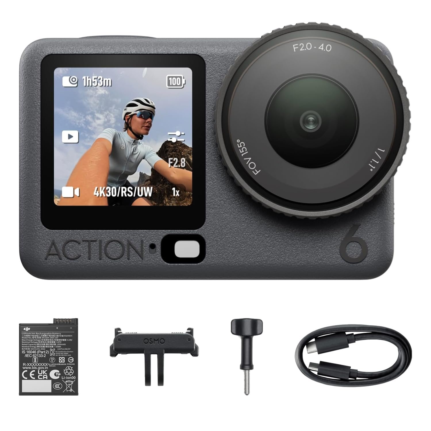 DJI Osmo Action 6 Standard Combo, Action Camera with 1/1.1" Square Sensor, Variable Aperture of f/2.0–f/4.0, Cold-Resistant, 4hrs Battery, Action Camera 4K Ideal for Quick Capture of Exciting Moments