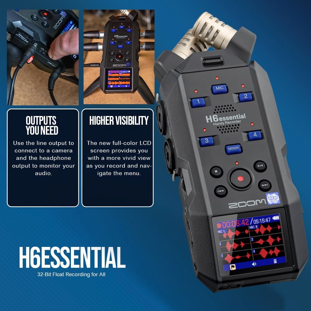 Zoom H6essential Portable Studio Recorder, H6E 32-Bit Float, 6-Track Recorder, 4XLR/TRS - 64GB SD, Tripod, Podcast Mic Pack, Rechargeable Batt, USB Cable & More-Musician Podcaster Filmmaker