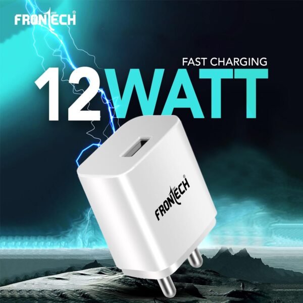 FRONTECH 12W/2.4A Single USB Port Mobile Charger, Comes with V8 Data Cable, Supports Ultra Fast Charging, Quick Charge 3.0, Fuse Protection (0951W, White)