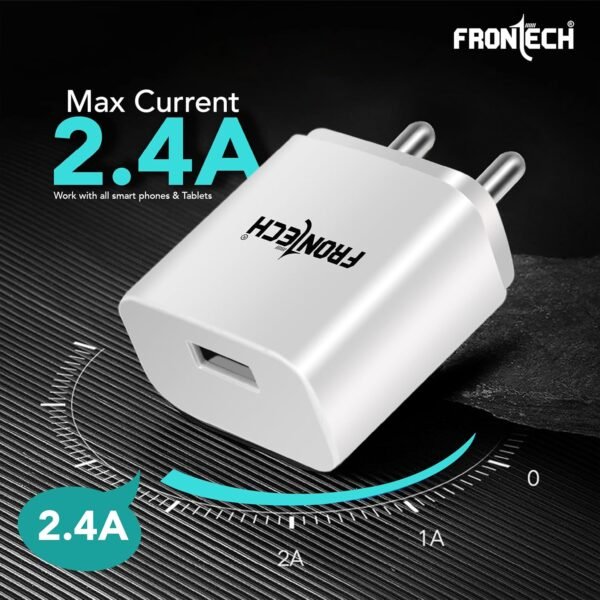 FRONTECH 12W/2.4A Single USB Port Mobile Charger, Comes with V8 Data Cable, Supports Ultra Fast Charging, Quick Charge 3.0, Fuse Protection (0951W, White)
