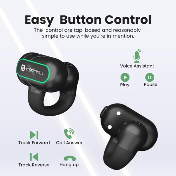 Portronics Harmonics Twins S15 Smart OWS Wireless Earbuds Headphone with Mic, Secure Fit with Earhook,15Hours Playtime, Bluetooth 5.3v, Button Control, Music/Gaming Mode, Type C Fast Charging(Black)