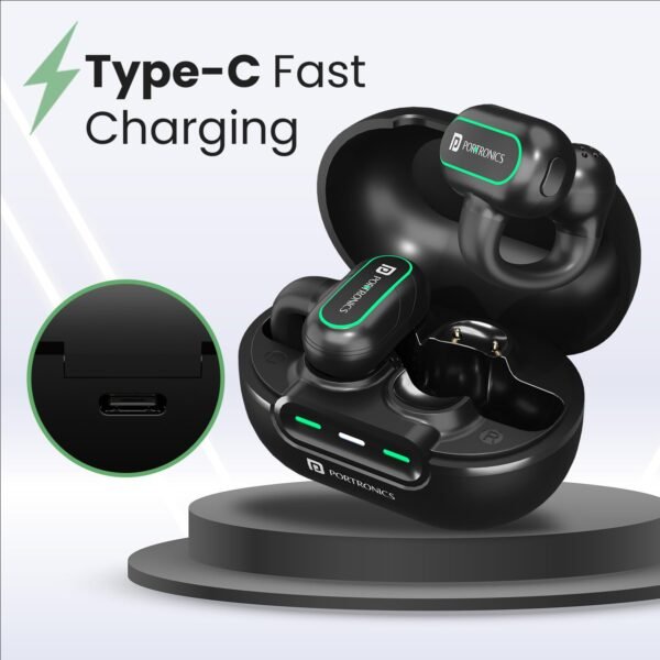 Portronics Harmonics Twins S15 Smart OWS Wireless Earbuds Headphone with Mic, Secure Fit with Earhook,15Hours Playtime, Bluetooth 5.3v, Button Control, Music/Gaming Mode, Type C Fast Charging(Black)