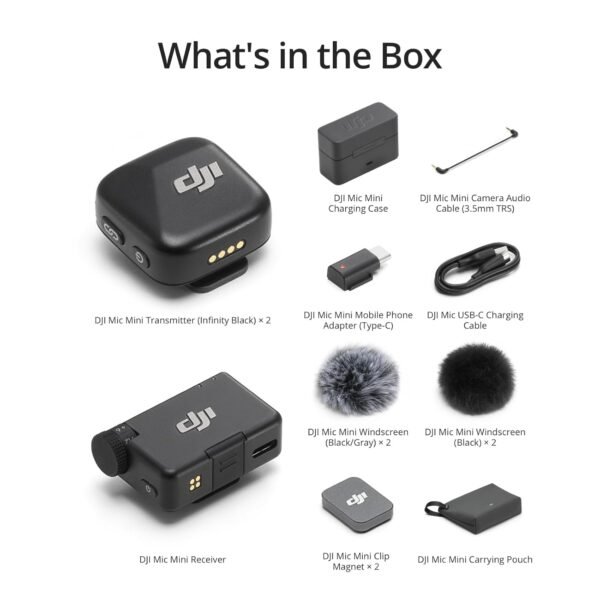 DJI Mic Mini (2 TX + 1 RX + Charging Case), Ultralight, Detail-Rich Audio, 48h Use, Noise Cancelling, Automatic Limiting, Wireless Microphone for Camera/iPhone/Android, Vlog, Streaming, Black