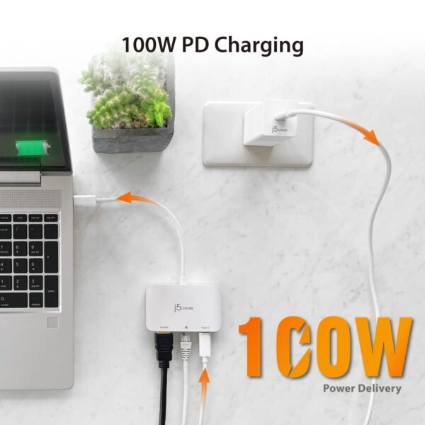 j5create USB Type C to 4K HDMI and Gigabit Ethernet with PD 100W Pass-Through Charging, for MacBook Pro, MacBook Air, Chromebook, Surface Pro, iPad Pro or USB-C Laptop (JCA351)