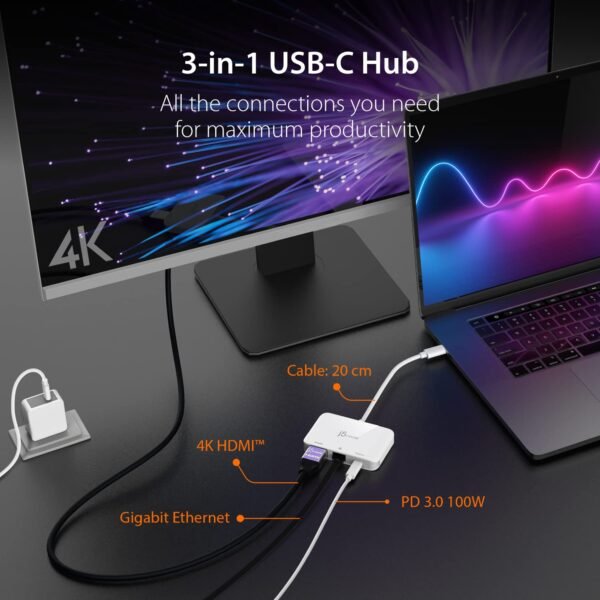 j5create USB Type C to 4K HDMI and Gigabit Ethernet with PD 100W Pass-Through Charging, for MacBook Pro, MacBook Air, Chromebook, Surface Pro, iPad Pro or USB-C Laptop (JCA351)