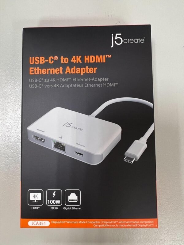 j5create USB Type C to 4K HDMI and Gigabit Ethernet with PD 100W Pass-Through Charging, for MacBook Pro, MacBook Air, Chromebook, Surface Pro, iPad Pro or USB-C Laptop (JCA351)
