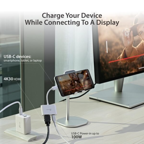j5create USB-C to 4K HDMI Adapter with Power Delivery, Supports 4K UHD Video, Passthrough Power up to 100W for Connected Devices, Compatible with MacBook, iPad, Smartphone, Laptop (JCA152)