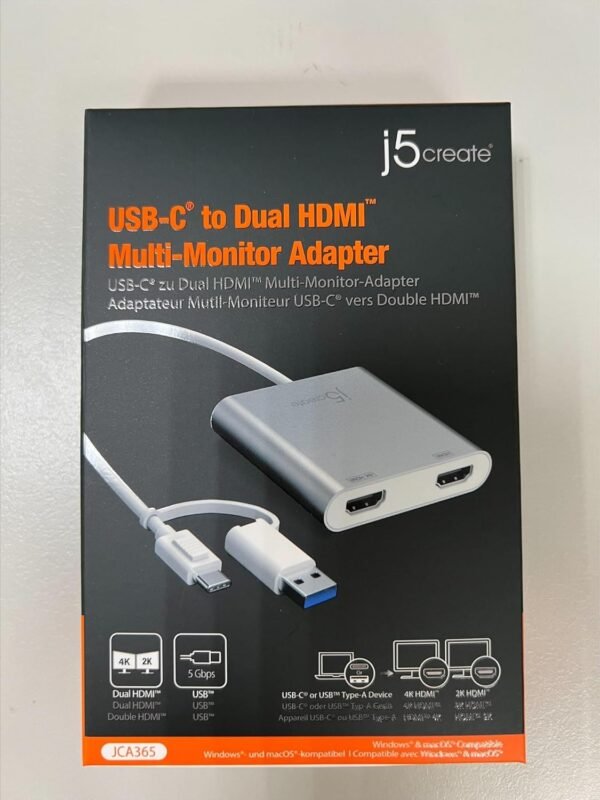 j5create USB-C to Dual HDMI Multi-Monitor Adapter with USB Type-A convertor | 4K + 2K | Compatible with Windows and Mac (JCA365)