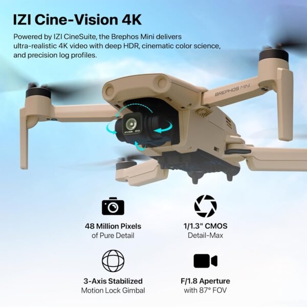 717k2+G7fbL._SL1500_ IZI Brephos Mini Nano Drone, Premium Drone with Camera 4K Professional, 48MP Ultra HD Lens, Starlight Night Vision, 3-Axis SteadyFrame Stabilizer, 3 x 3000mAh Long Flight, <249g Featherweight, 20km Range